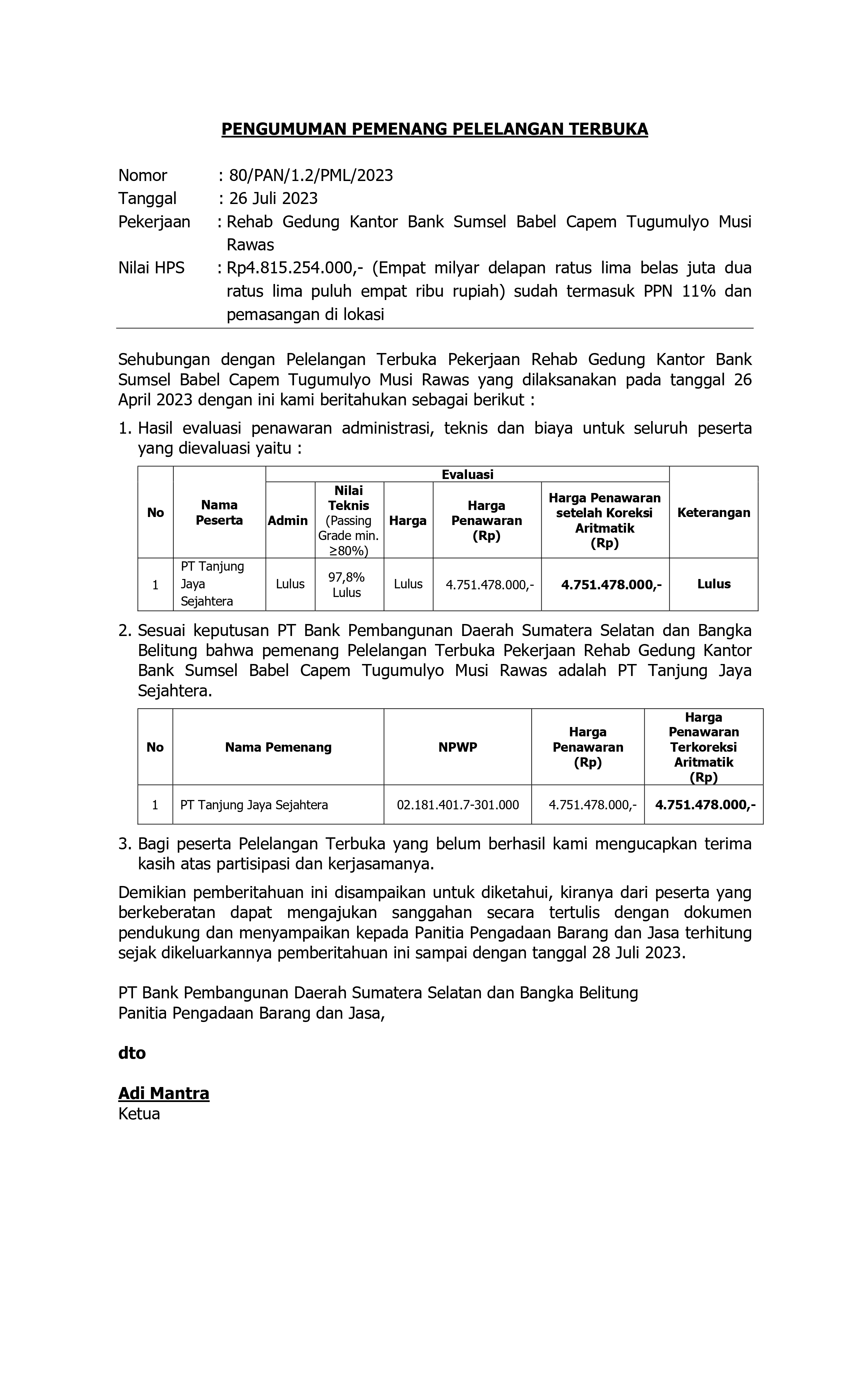 ANNOUNCEMENT OF WINNER OF OPEN TUCTION