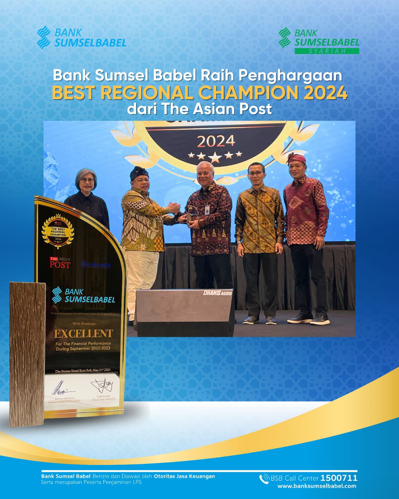 Bank Sumsel Babel Raih Penghargaan Sebagai Best Regional Champion 2024 oleh The Asian Post