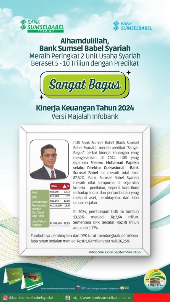 Bank Sumsel Babel Syariah Raih Predikat Sangat Bagus Versi Infobank, Peringkat 2 Nasional Kategori BPD