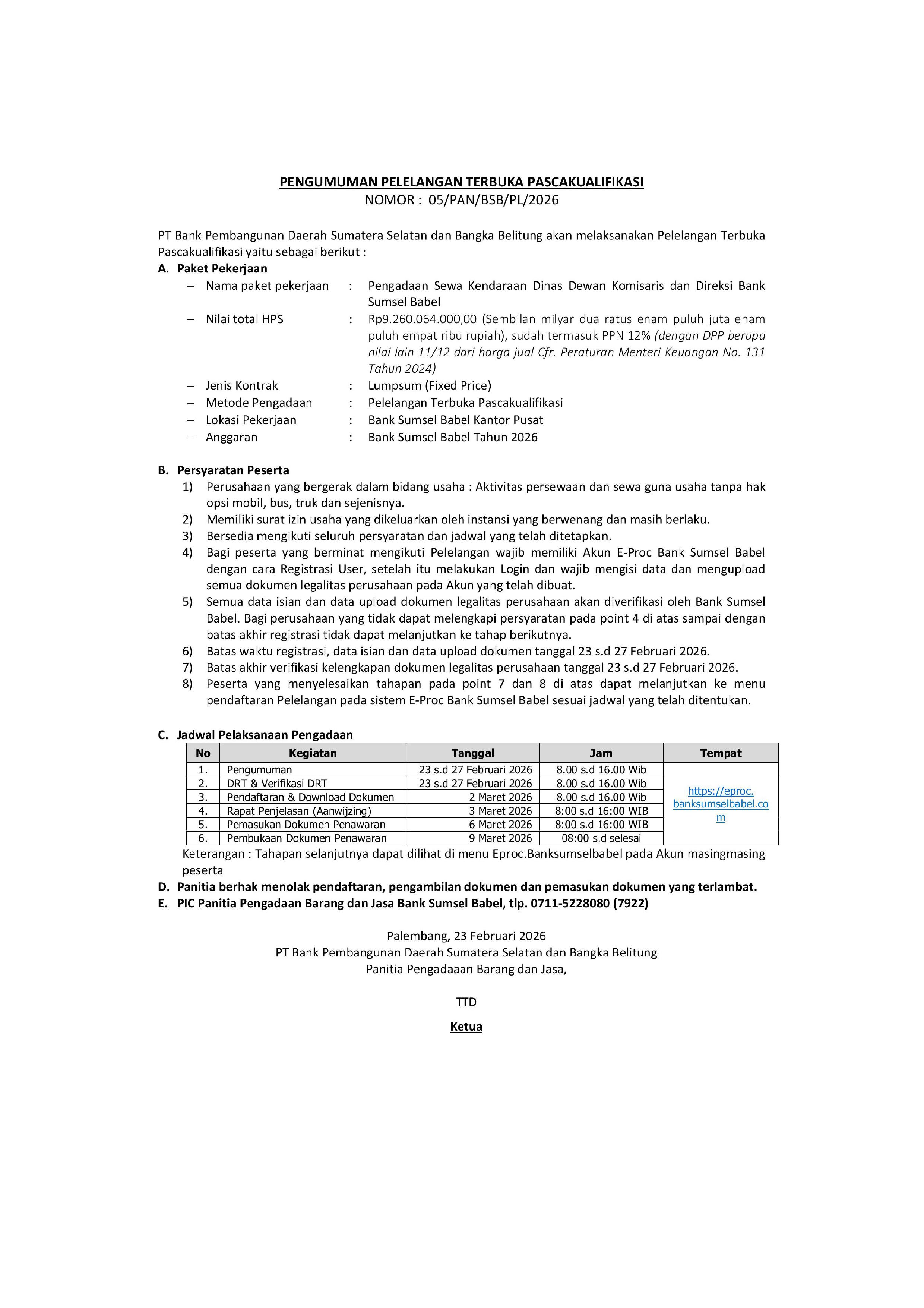 ANNOUNCEMENT OF POST-QUALIFICATION OPEN Tendering