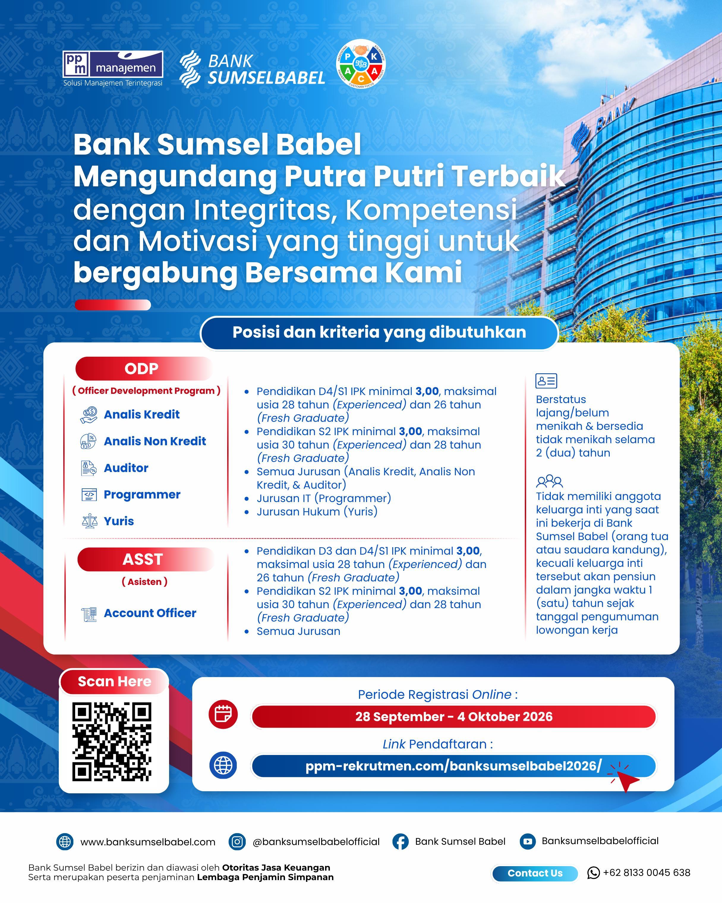 Rekrutment ODP dan Asisten Bank Sumsel Babel 2026